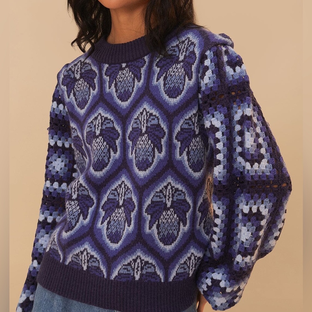 Farm Rio Blue Pinneaple Cobogo Knit Sweater NWT